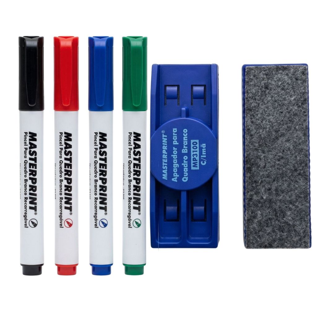Kit Caneta Quadro Branco 4 Cores Masterprint + Apagador Profissional Recarregável Não Danifica Lousa