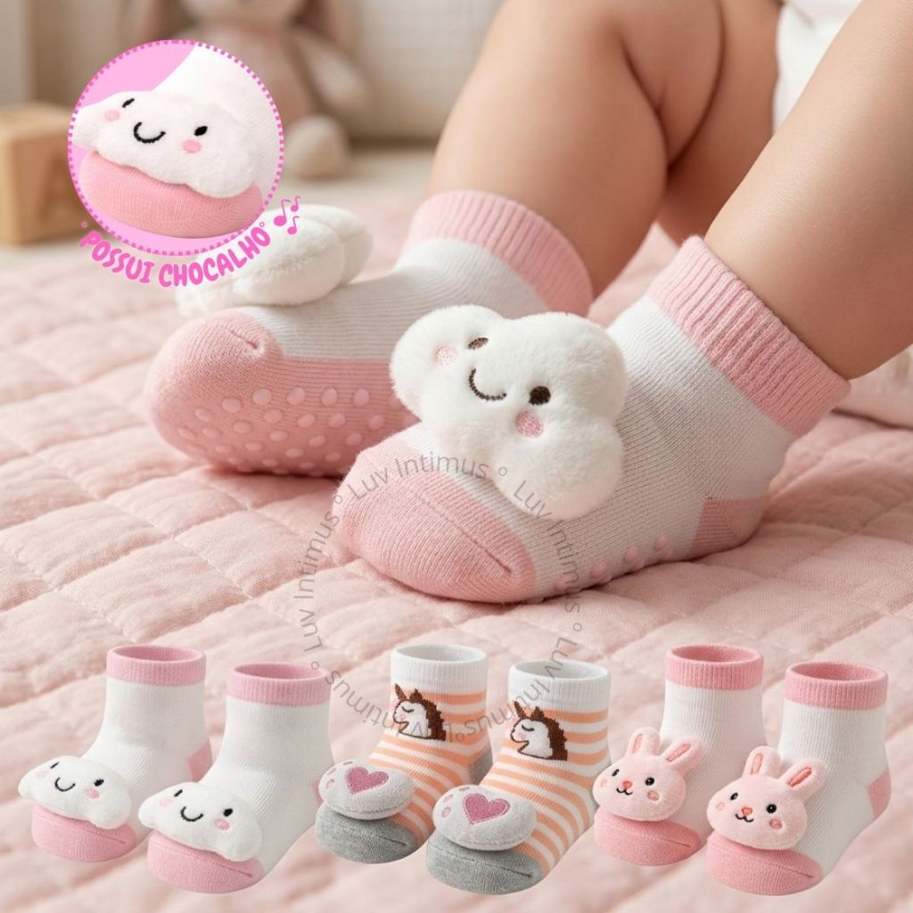 Kit 9, 6 ou 3 Pares de Meias Bebê Menina Antiderrapante com Chocalho e Pelúcia Algodão Macia Confortável 0 a 24 Meses