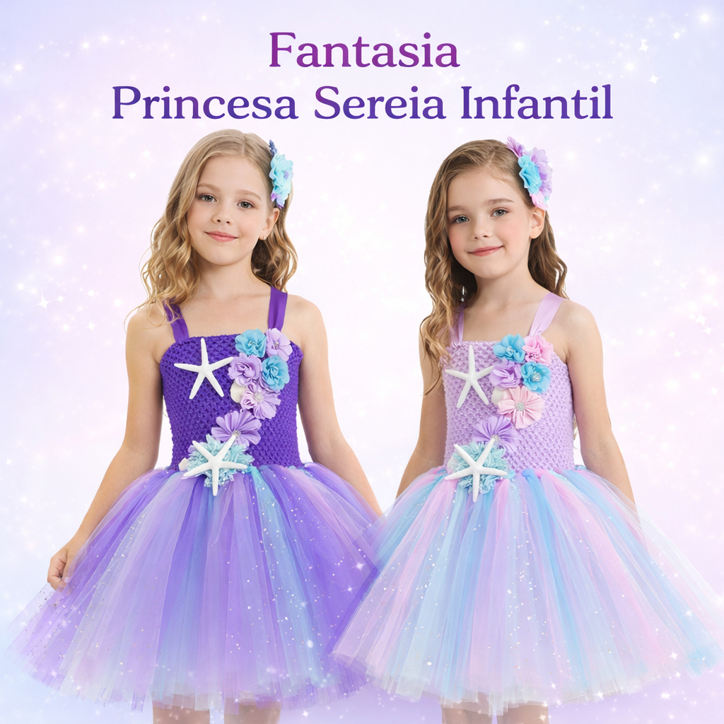 Fantasia Infantil Princesa Sereia Vestido Menina Tule Luxo Festa Aniversário Eventos