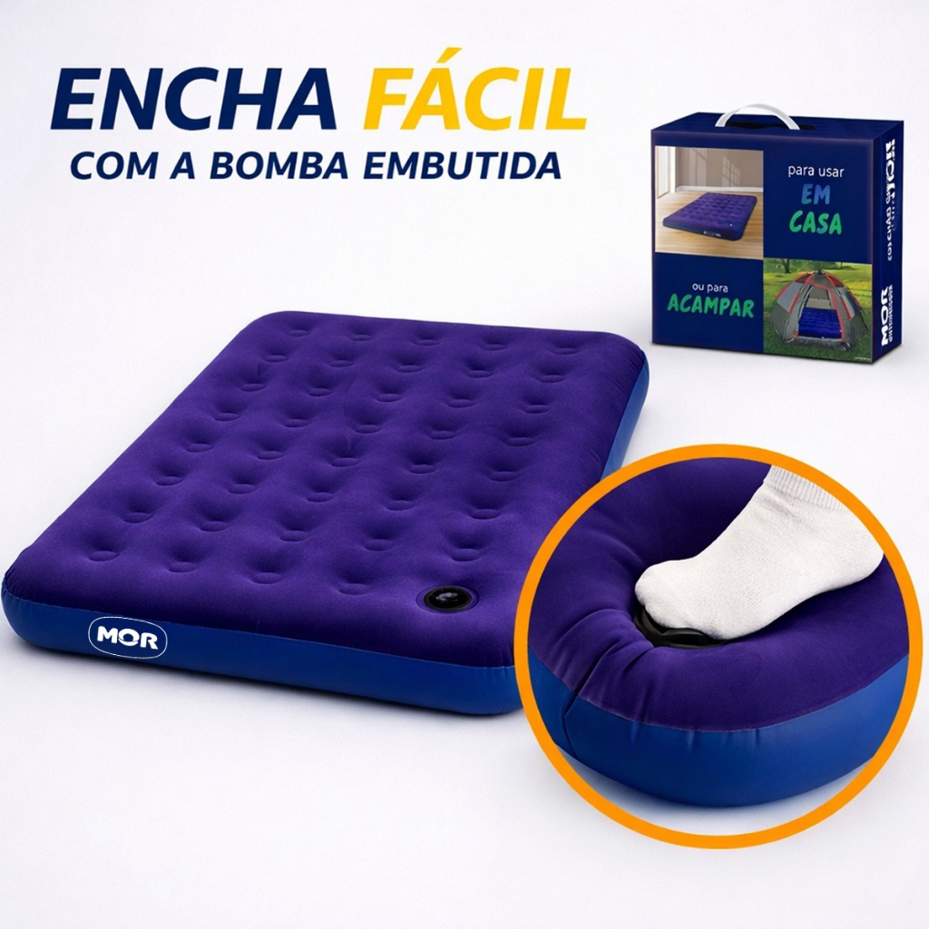 Colchão de Casal Solteiro Inflável Com Bomba De Pé Uso Fácil Resistente Aveludado Portátil MOR