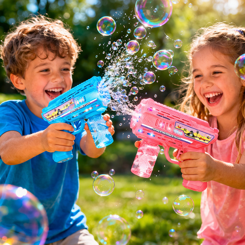 Lançador Brinquedo De Bolha de Sabão Automática Infantil Luz LED Bubble Gun 3+ Azul Rosa