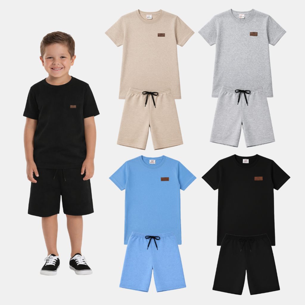 Kit 10 Peças Infantil Juvenil Menino Verão Liso Monocromático Premium 5 Camisetas 5 Bermudas 1 Ao 14