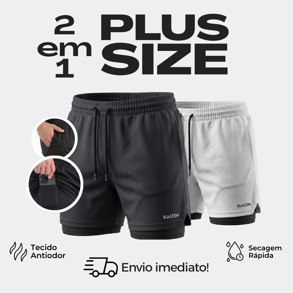 Bermuda 2 em 1 lisa  plus size g1 g2 g3 shorts camada dupla com compressão MOVE FIT
