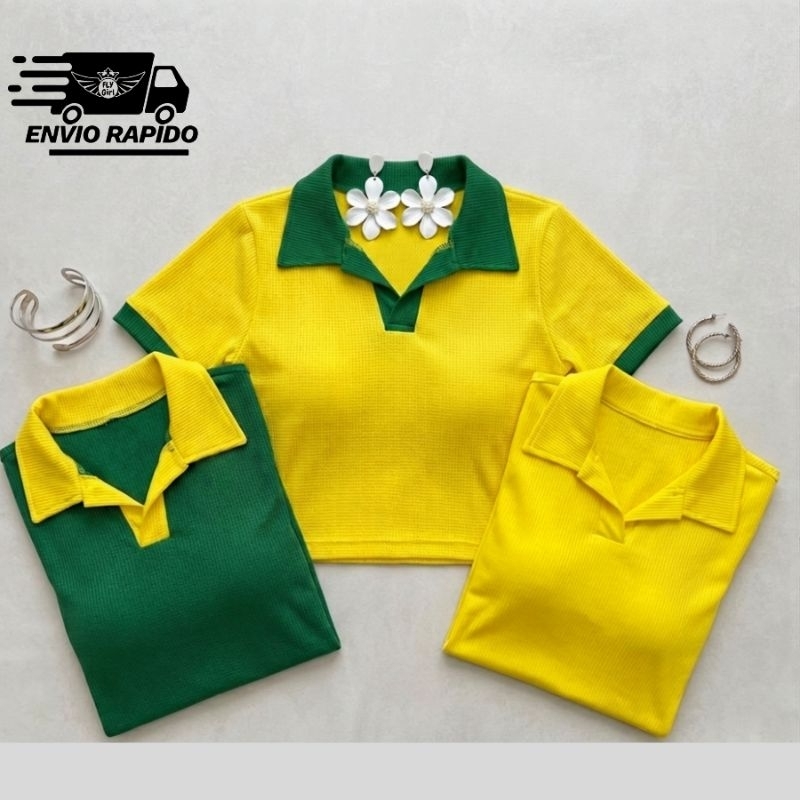 Blusa Cropped Gola Polo Ribana Canelada Brasil core casual modinha
