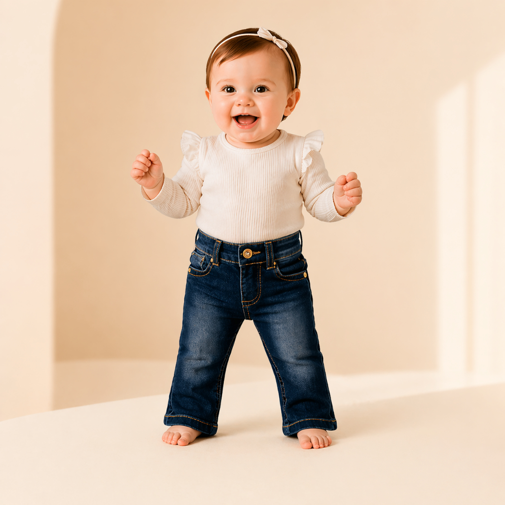 Calça Jeans Infantil Feminina Bebê 1 a 3 Anos Cintura Ajustável Confortável Moda Bebê Menina