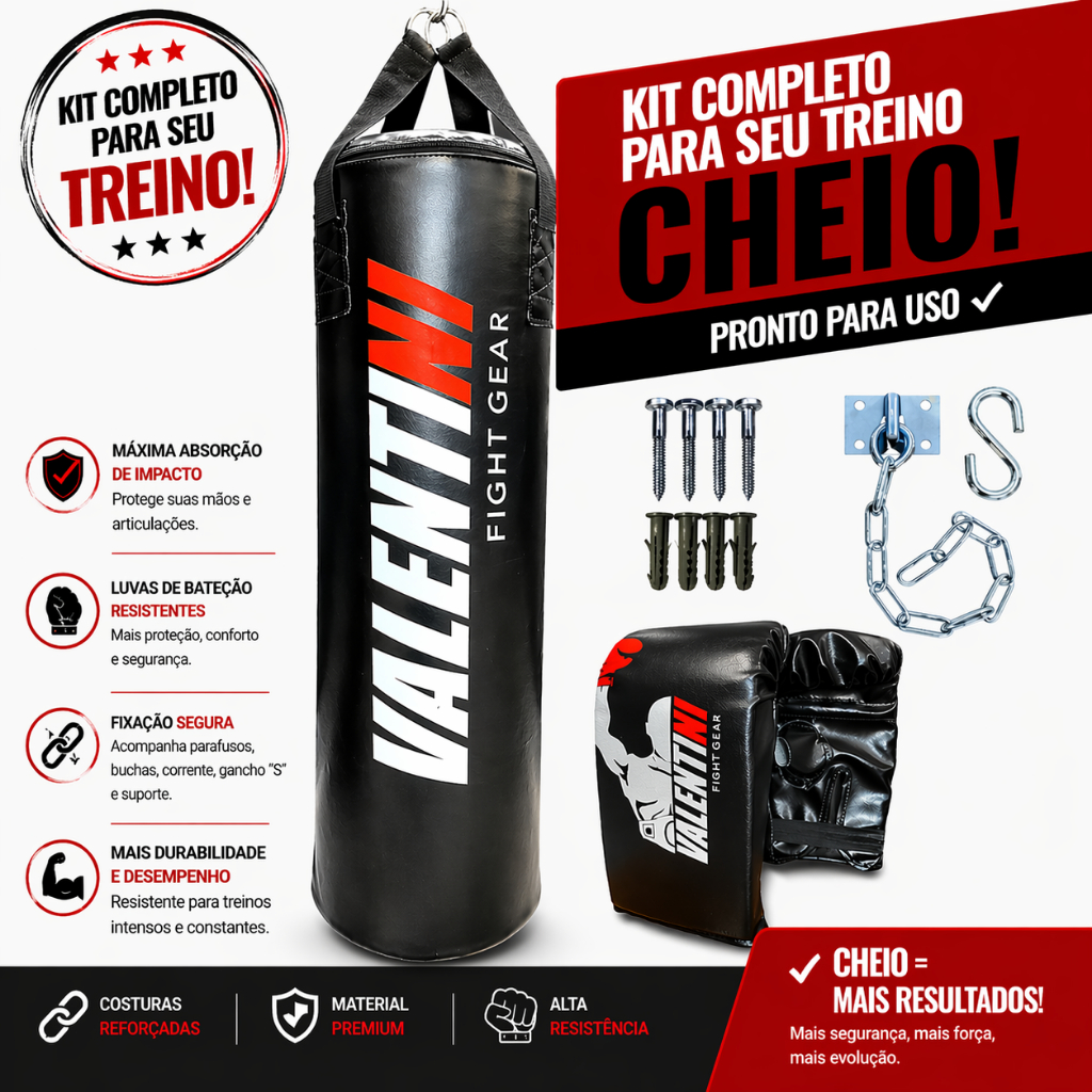 Saco de Pancada VALENTINI 90 cm CHEIO - Treino Boxe Muay Thai  + 1 PAR DE LUVA BATE SACO+ SUPORTE DE TETO