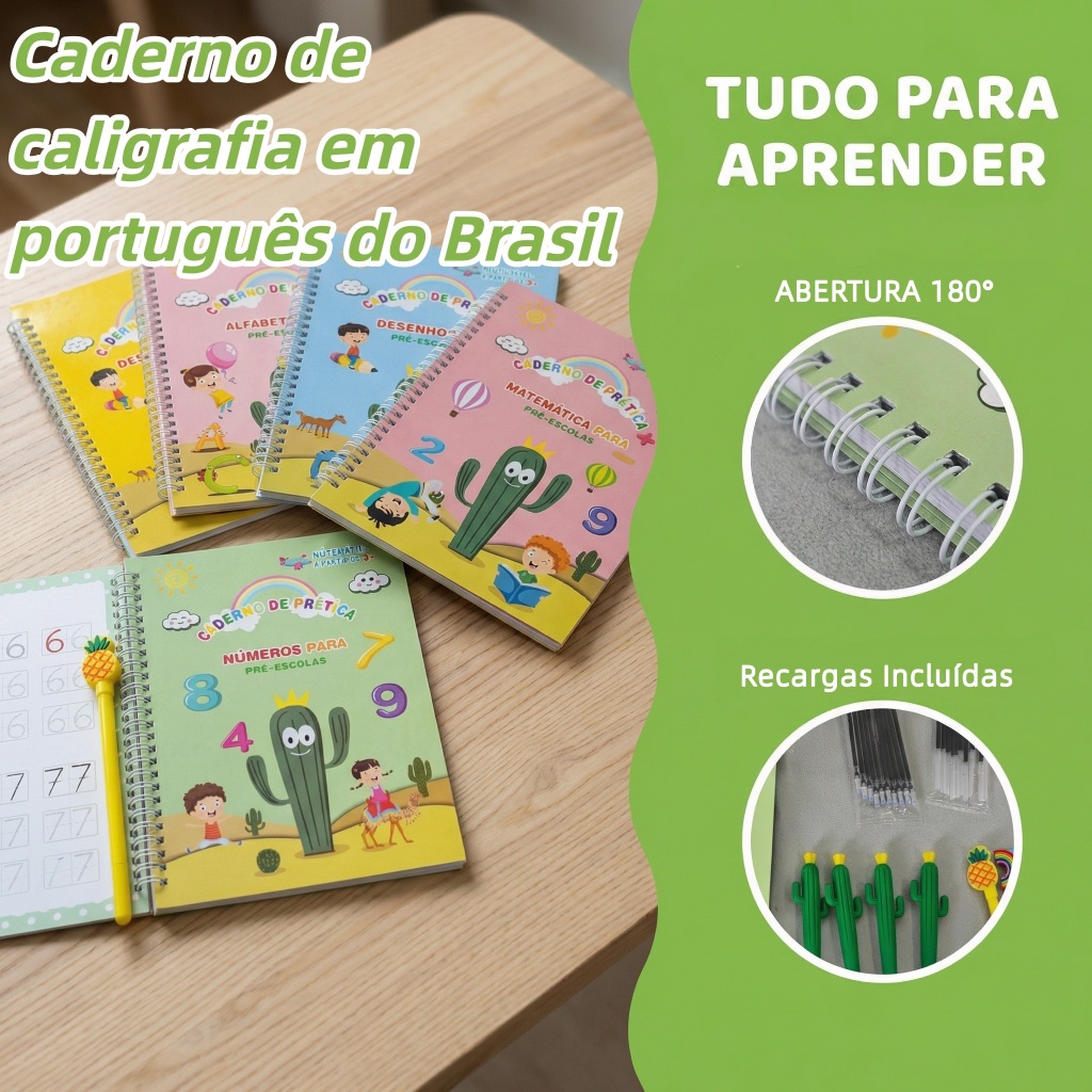 Kit de Caligrafia para Crianças: 4 Cadernos de Prática de Escrita Reutilizável com Caneta Mágica | Treino Alfabeto