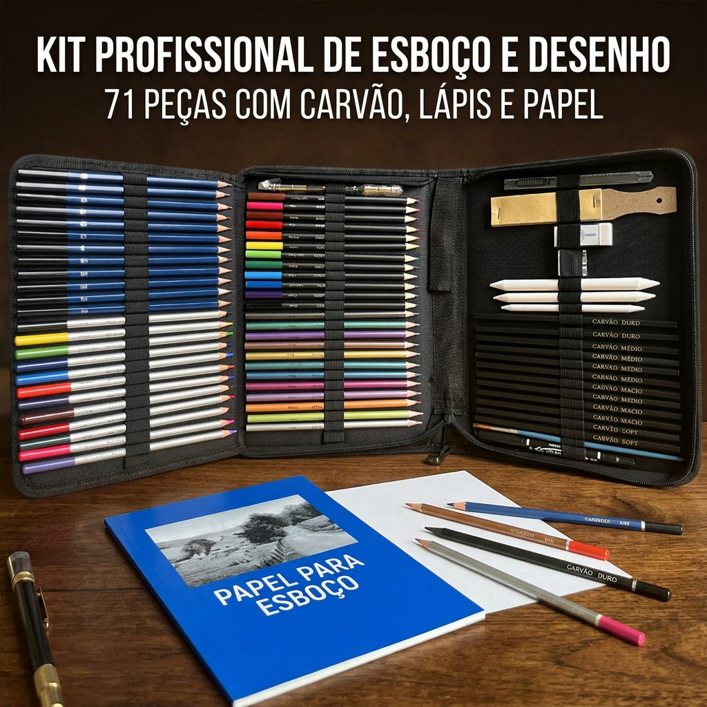 Kit 71 Lápis de Desenho e Pintura + Sketchbook Grátis para Artistas e Estudantes