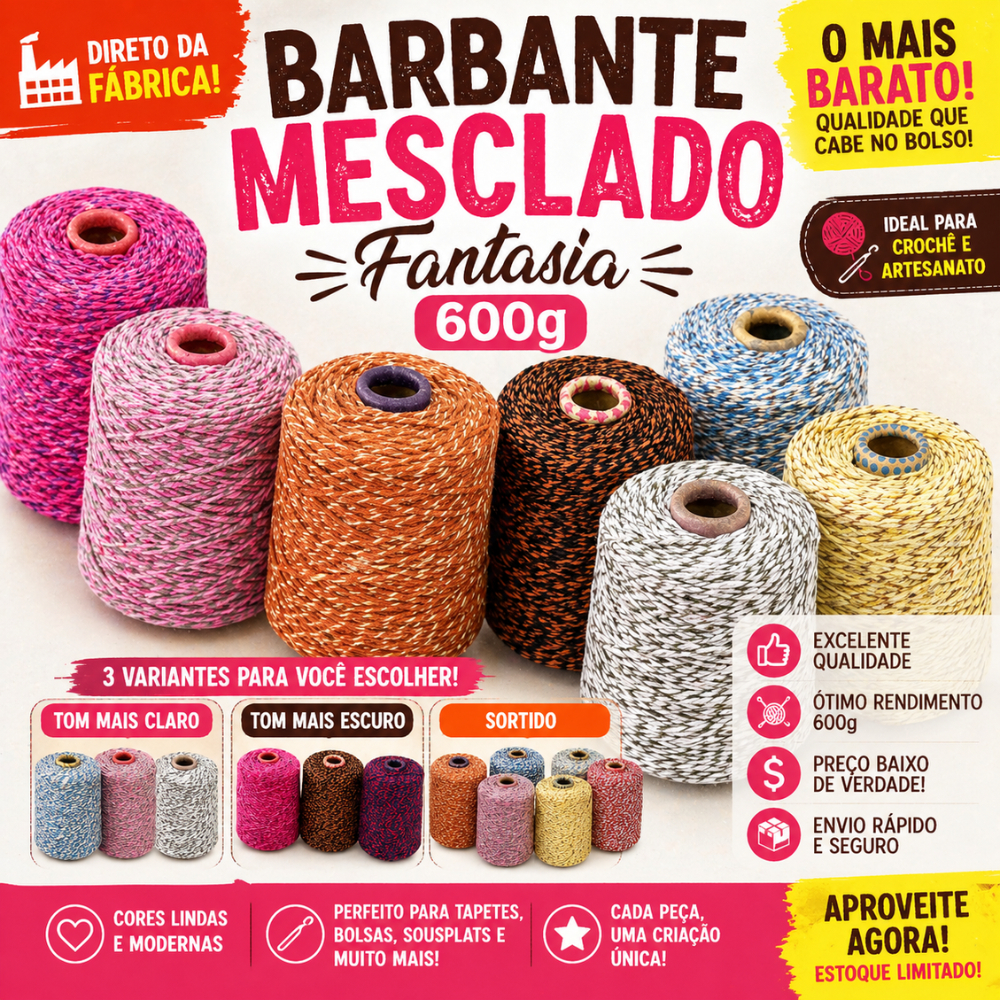 [DIRETO DA FABRICA] Barbante Mesclado 600g Fio 6 Fantasia | Crochê e Artesanato | Tons Claro, Escuro ou Sortido