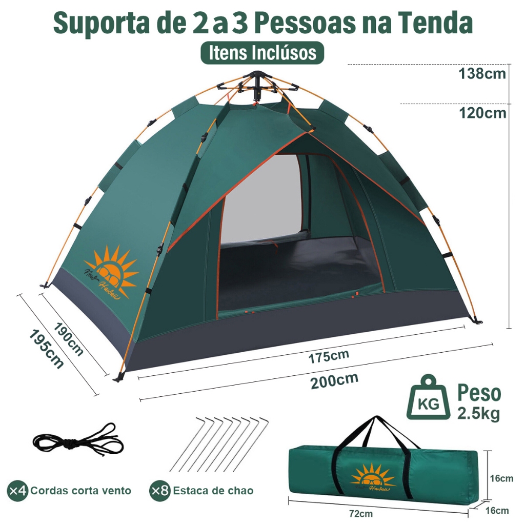 Barraca de Camping 3-4 Pessoas Prova d'água,Barraca Acampamento Automático 210*210*138cm NEW HAWAII