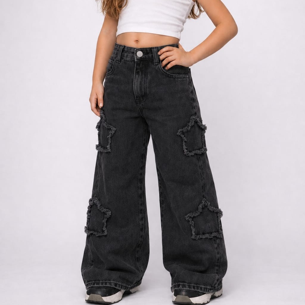 Calça Jeans Juvenil Menina Wide Leg Destroyed Estrela de Primavera Cinza Marmorizado