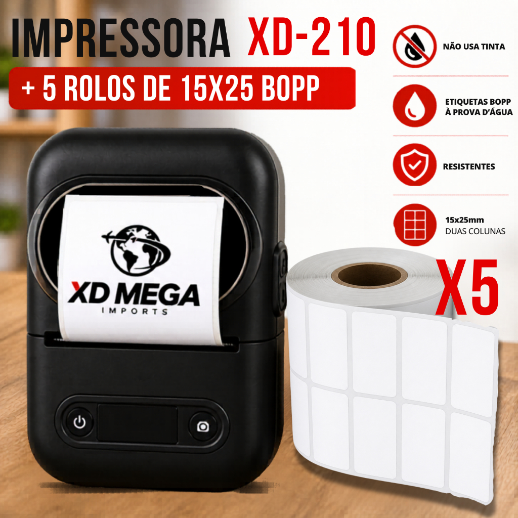 1 impressora XD-210 PT260 + 5 ROLOS ETIQUETA A PROVA D'ÁGUA DUPLA 15X25