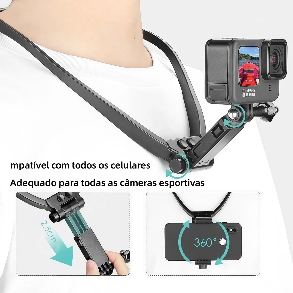 Suporte de Pescoço Esticável com Rotação de 360°, compatível com celular e câmera de ação