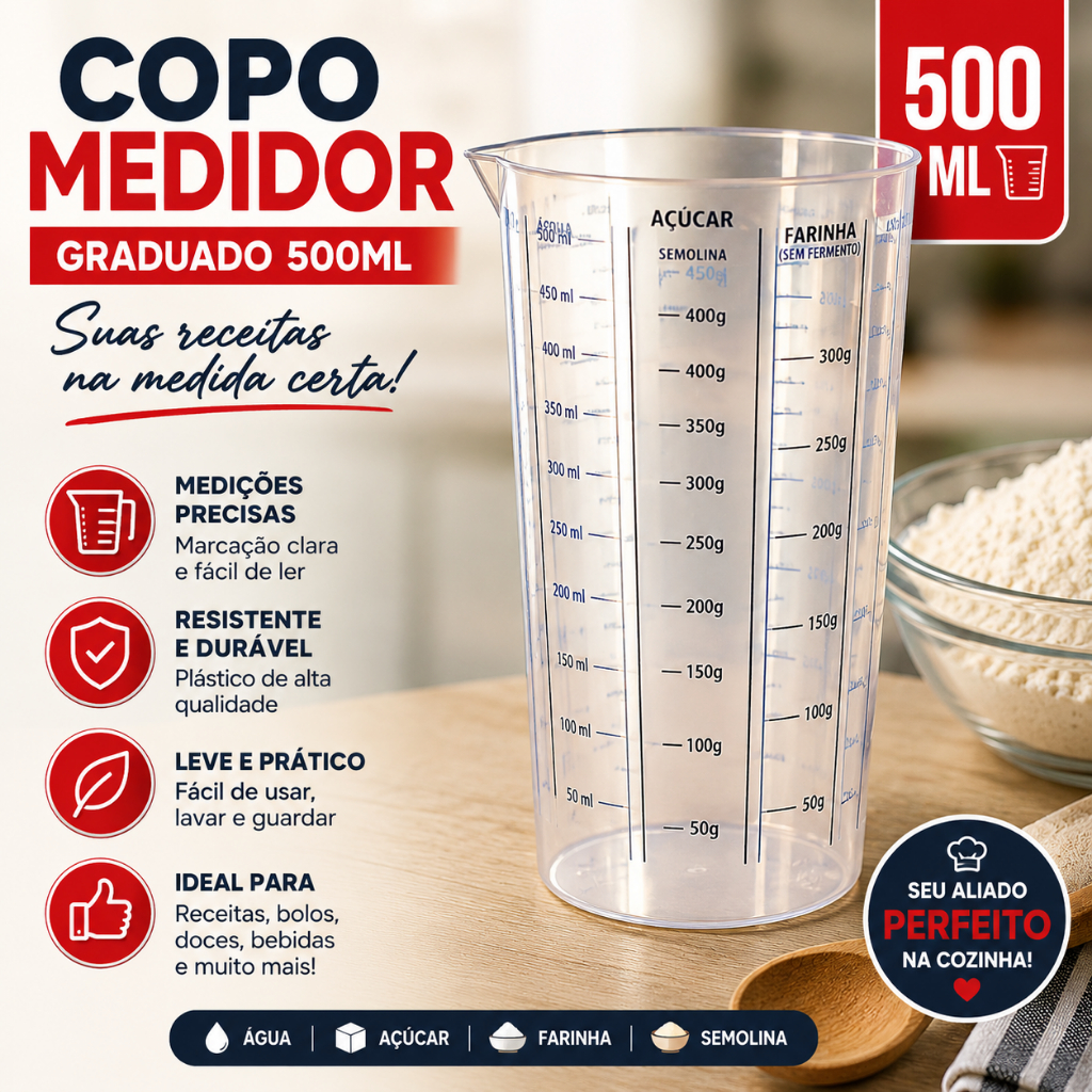 Copo Medidor 500ml Graduado Transparente Dosador para Receitas de Cozinha
