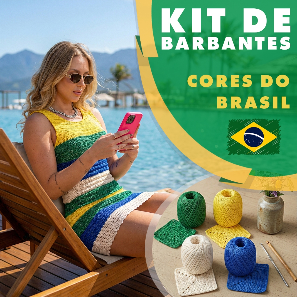 Barbante Malu Kit Brasil 4 Cores Bandeira Tex 295 Nº8/4 Crochê Tricô Algodão Copa Tendencia Virginia