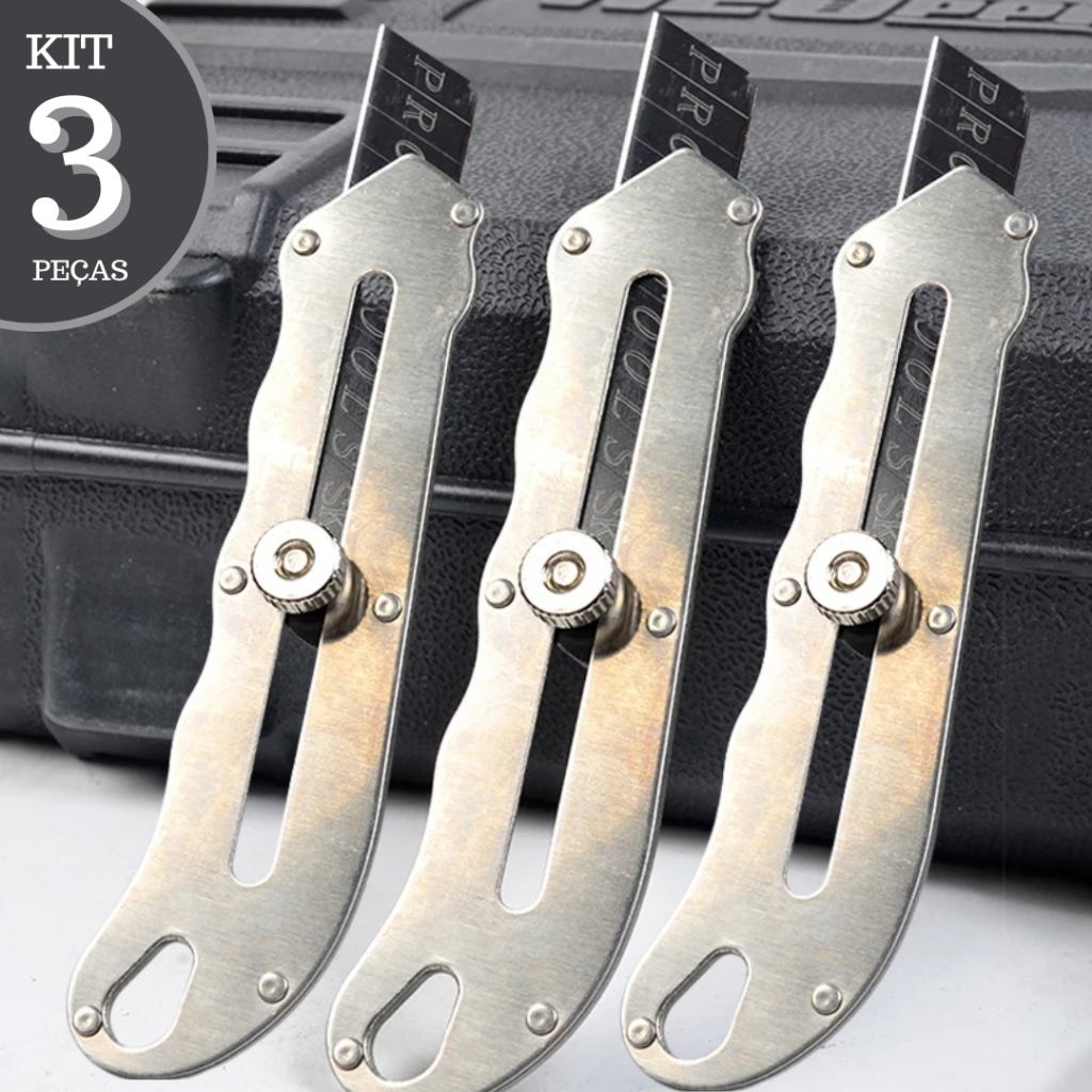 Kit 3 Estiletes Metal Aço Ferro Precição Profissional Manual Lâmina Retrátil Trava Tecido Papel Resistente Inquebrável