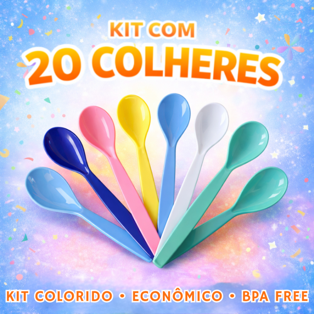 Kit 20 Colheres Plásticas Reutilizáveis Coloridas Sobremesa Festa Escolar Resistente