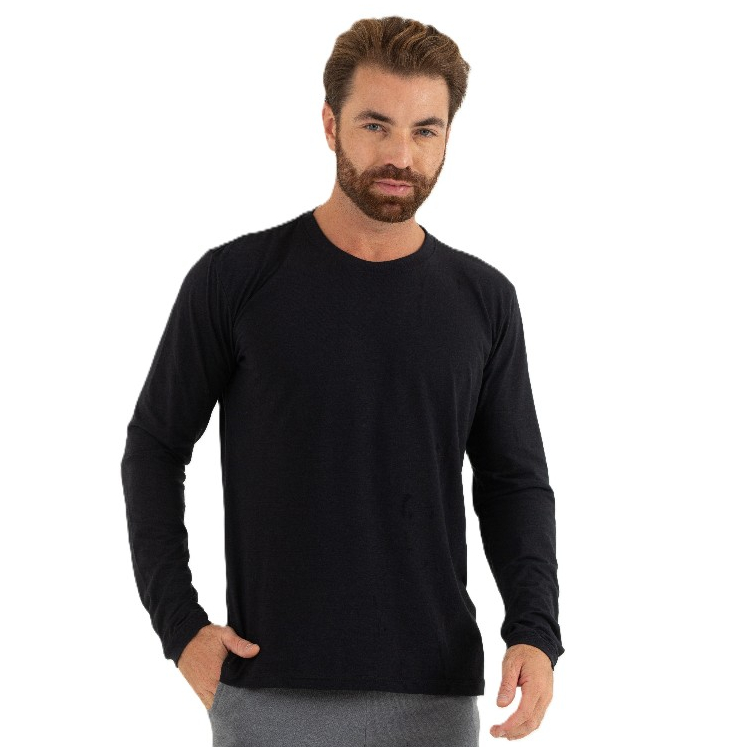 Camiseta Masculina Algodão e Poliéster Manga Longa Básica Regular Fit