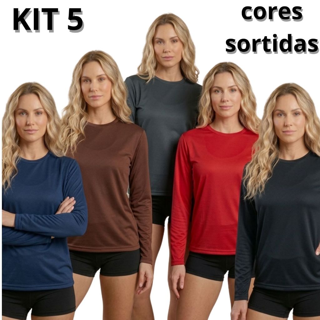 Kit 5 Camisetas Uv Feminina Proteção Solar Praia Segunda Pele Lançamento Plus Size Tam P ao G3 Cores Sortidas