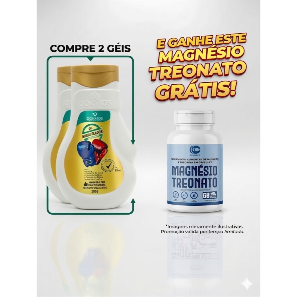 2 Gel Nocauteador Original + Magnésio Treonato Bioceutica Brinde Suplemento Alimentar Magnésio Premium