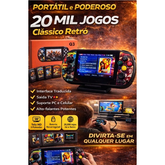 Vídeo Game Portátil Mini Console Q3 64GB – Jogos Retrô Clássicos