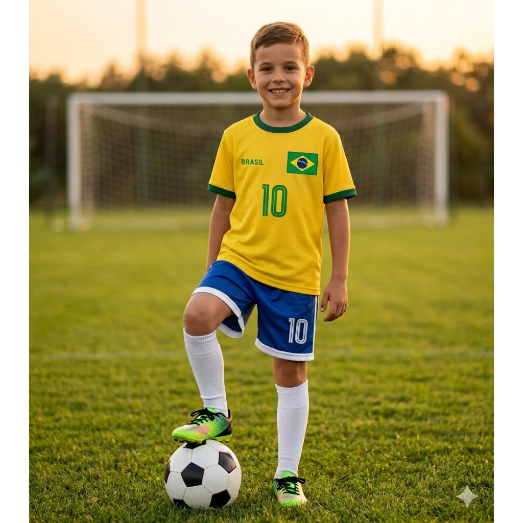 Conjunto Infantil Juvenil Unissex Camiseta e Shorts Brasil Amarelo Copa