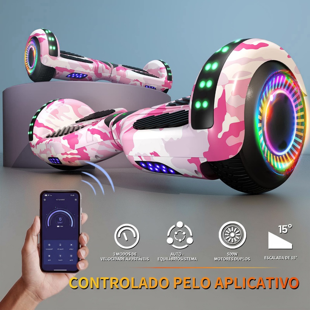 Hoverboard Auto-Equilibrio e SkateboardAuto-Equilibrante: Caixa de SomBluetooth, Luzes LED Brilhantes. Presente Ideal