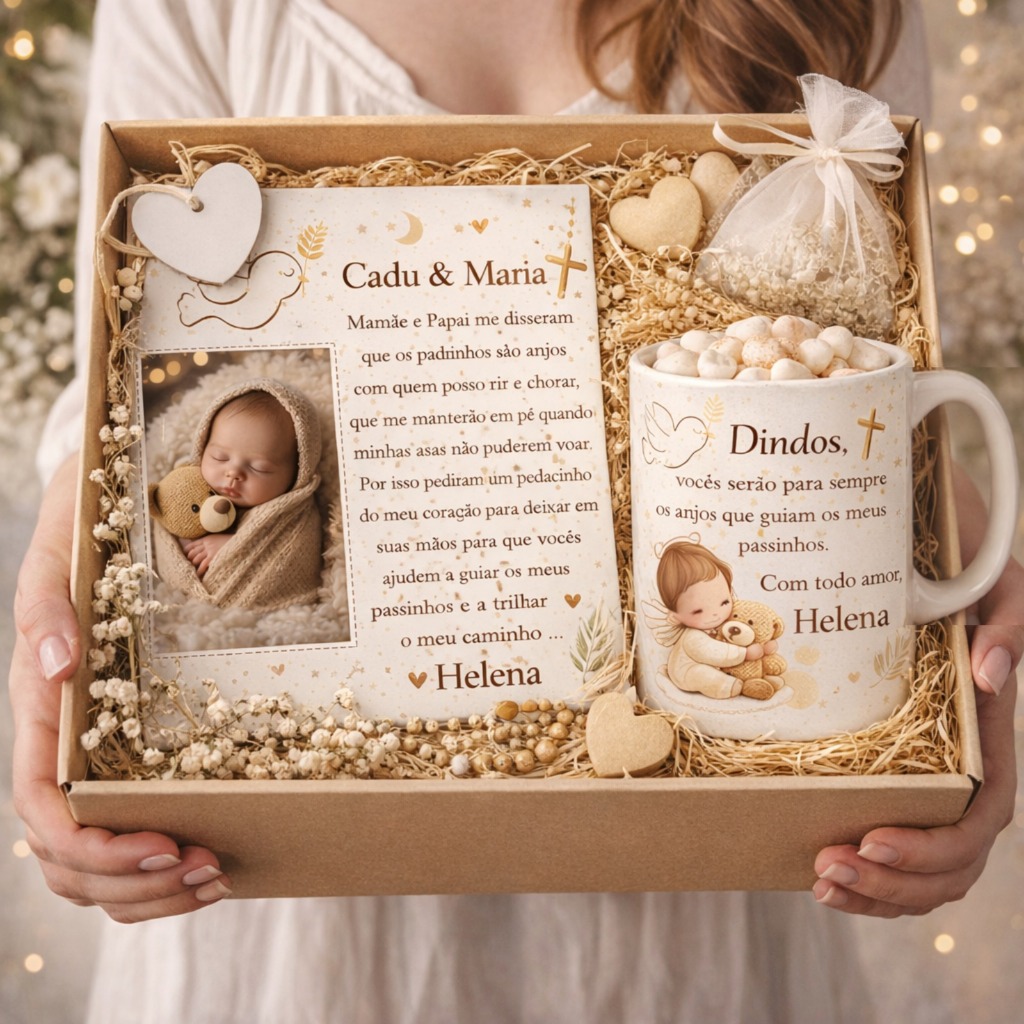 Kit Convite Dindos e Dindas Com Caixa Azulejo + Caneca com Foto + Suporte | Presente | Padrinhos