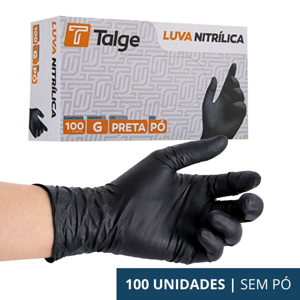 Luva Nitrílica Preta Talge Sem Pó 100un Descartável Profissional Cozinha Estética