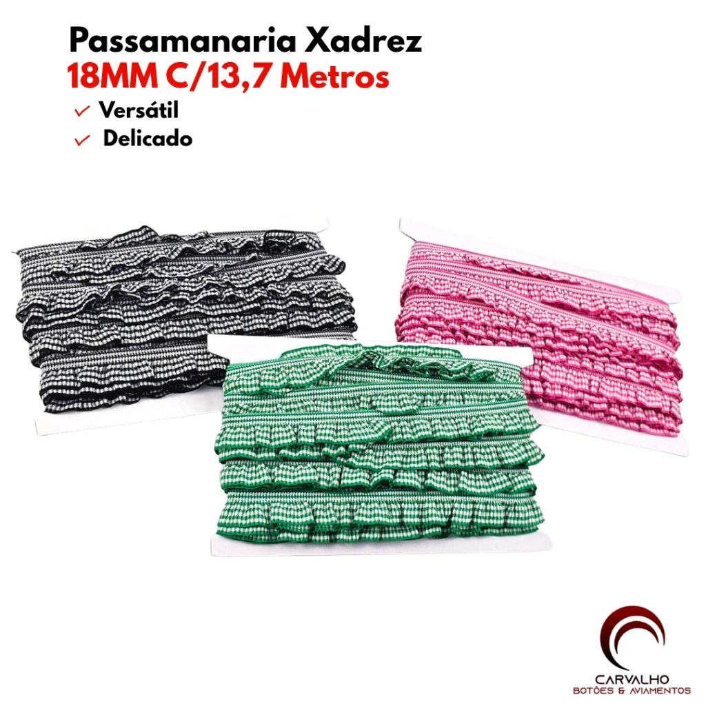 Passamanaria Babadinho Franzida Xadrez Com Elástico 18mm 13,7m Para Laços Costura Artesanato