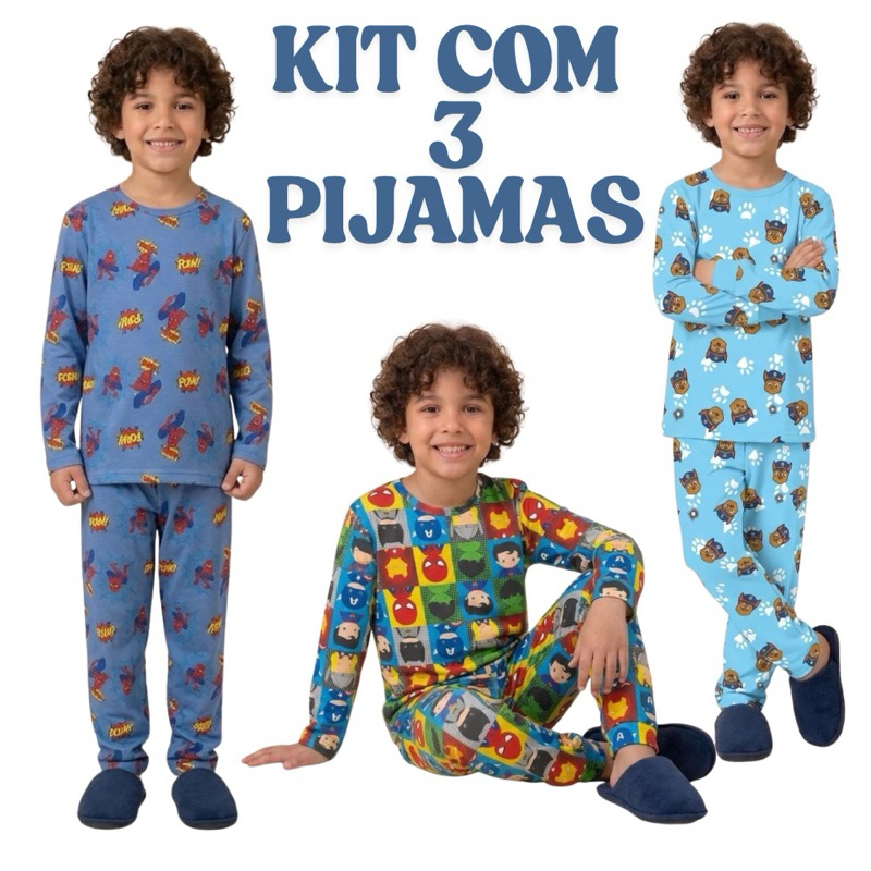 Kit 3 Pijamas Infantil Manga Longa Menino Personagem