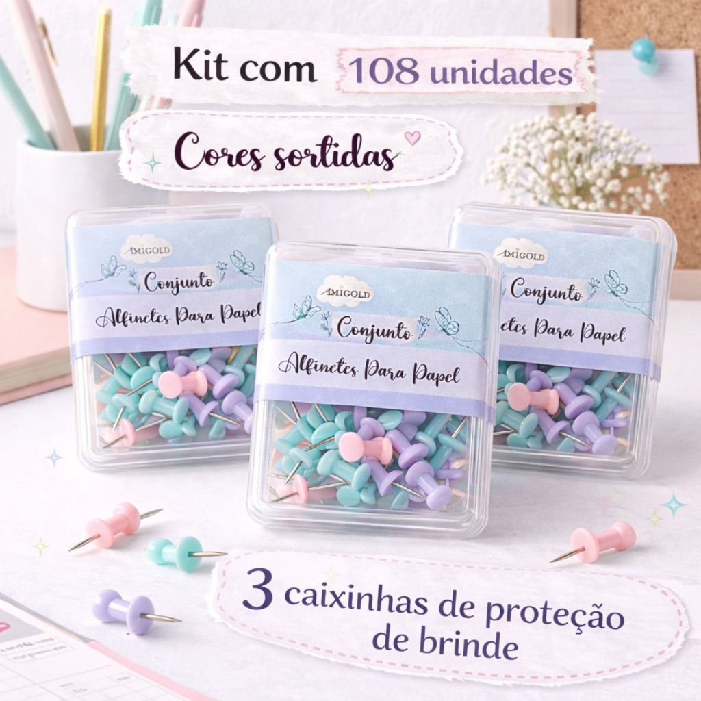 Kit Alfinete Colorido Tachinha para Quadros Murais Escritório Home Office Pin Mapa Escolar