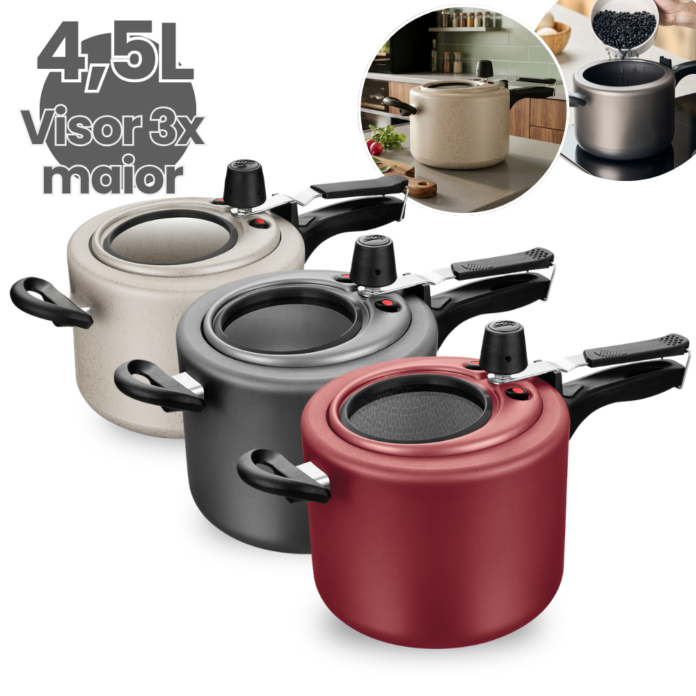 Panela de Pressão 4,5L Antiaderente com Visor de Vidro na Tampa Superior Grande Grafite/Cereja MTA