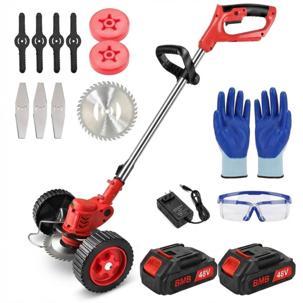 Roçadeira Aparador Cortador De Grama Elétrico Recarregável Com Rodas 2 Baterias de Lítio kit completo