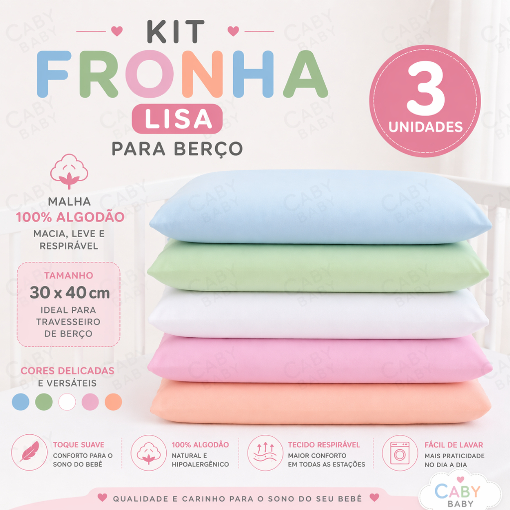 Kit 3 Fronhas 30x40 cm Infantil / Berço 100% Algodão – Macias para Travesseiro Bebê