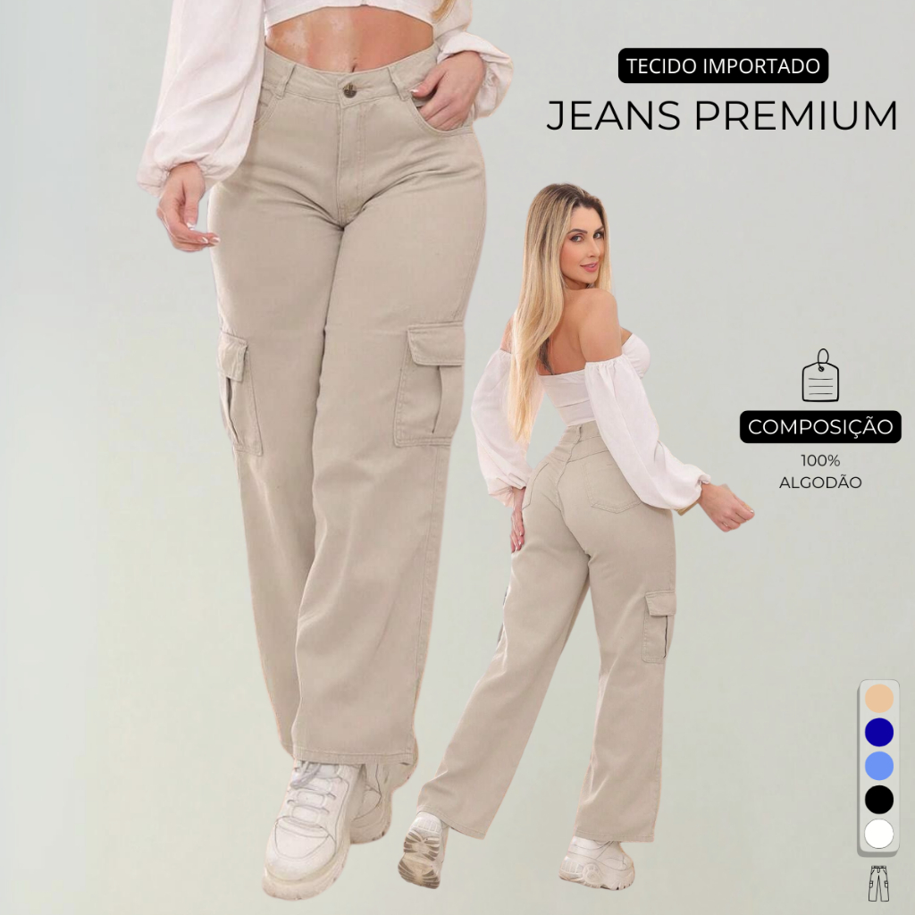Calça Cargo Feminino Jeans Cintura Alta 34 Ao 44 + 5 Cores