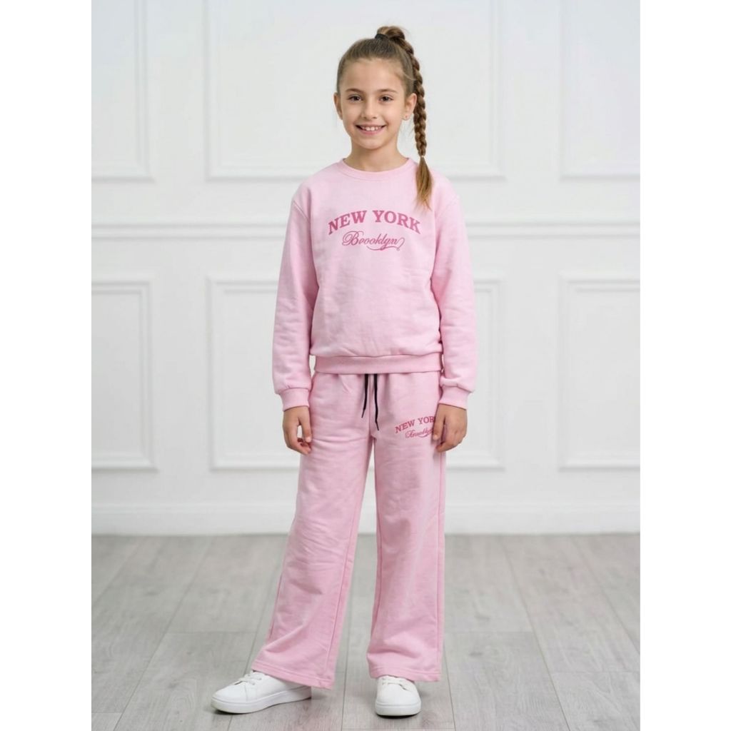 Conjunto Feminino Wide Leg Juvenil Tam 10 ao 16 Moletinho New York Brooklyn Com Bolso Menina