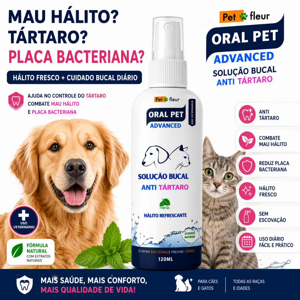 Spray Bucal Oralpet 100% Natural seguro p/ Cães e Gatos | Anti-Tártaro, Hálito Fresco, Sem Álcool