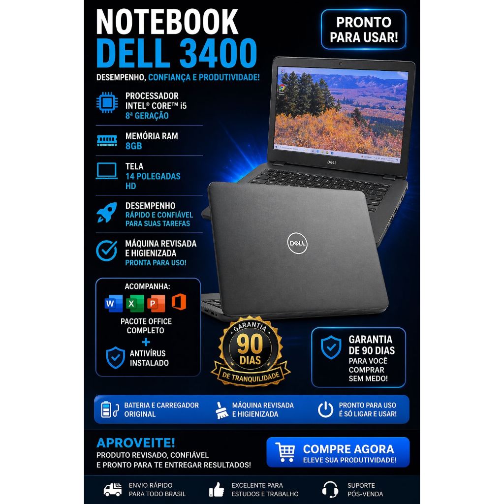 Notebook Dell 3400 / CORE I5 - SSD 256GB - 8 GB RAM - 💼 LINHA CORPORATIVA (PCT OFFICE COMPLETO)