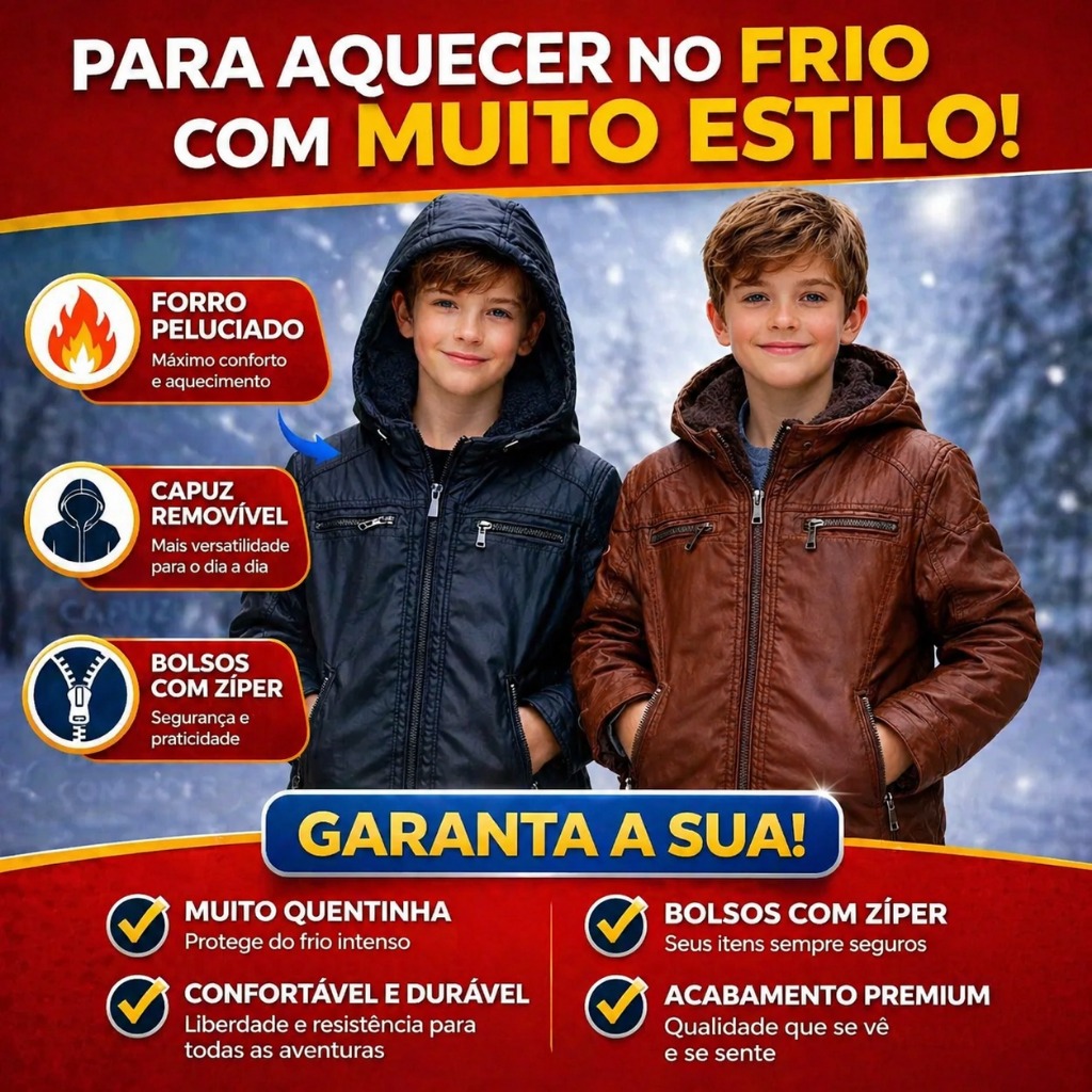 Jaqueta de Couro Infantil Masculina Juvenil Forrada Pelucia Capuz Removivel Blusa de Frio de 4 a 5
