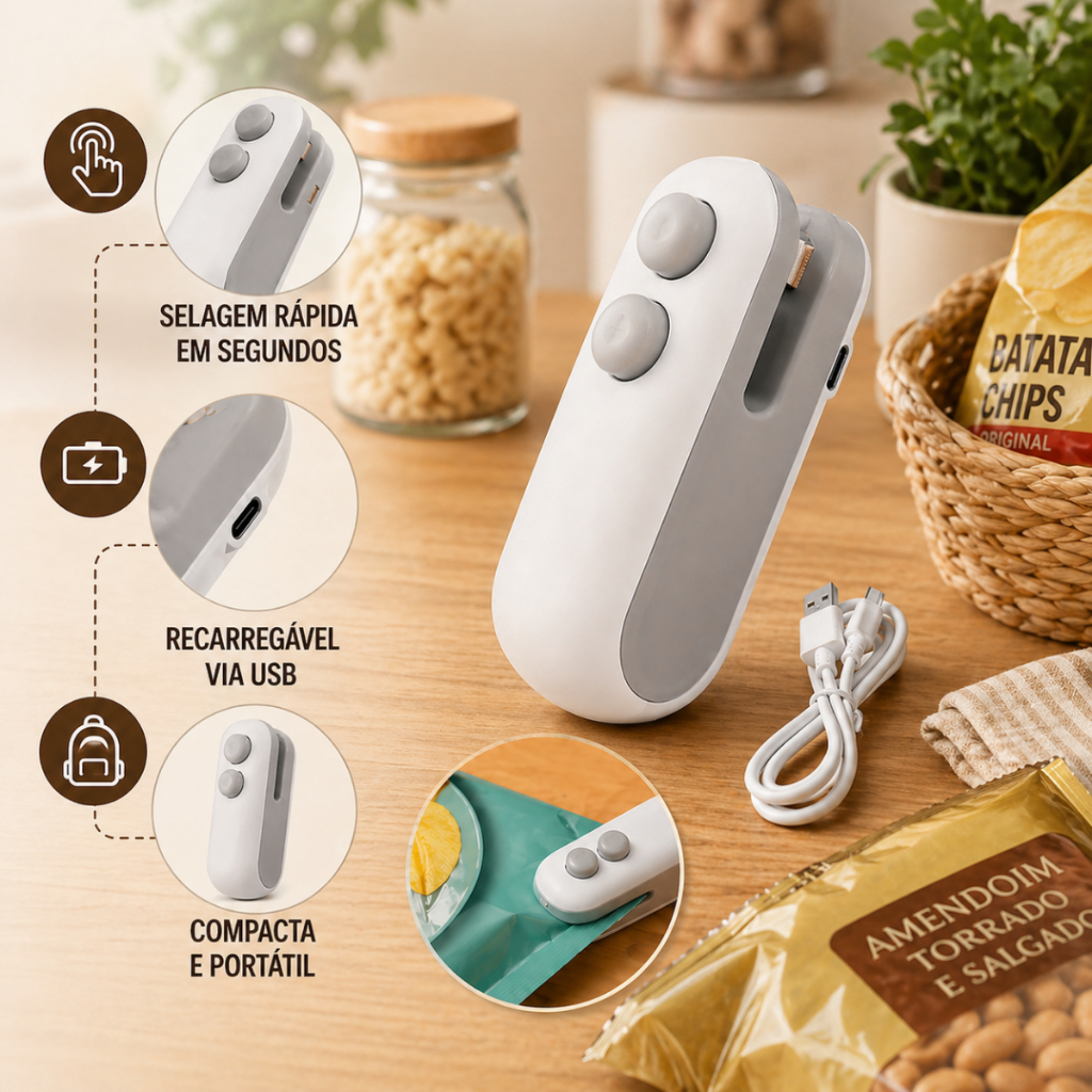 Mini Seladora Portátil Recarregável USB Com Selagem Eficiente Acompanha Carregador 2 em 1 Branco