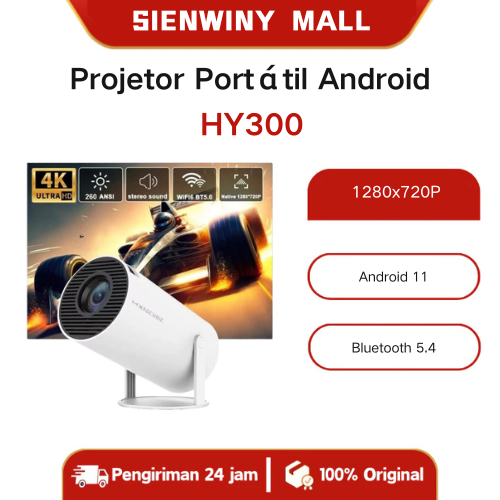 HY300 Projetor Portátil Android 11 WiFi6 290ANSI 4K 1080P Suporte Giratório 180° BT5.4