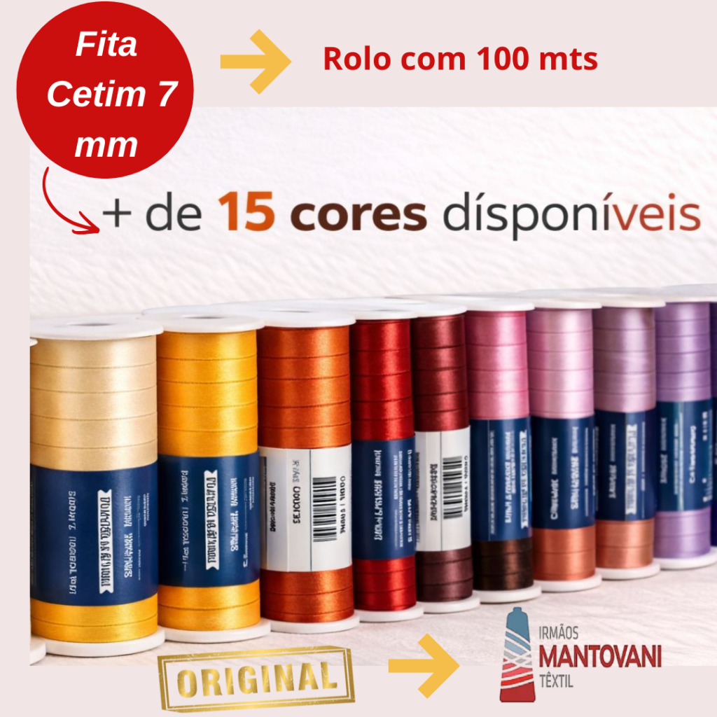 Fita Cetim 7mm 100m Mantovani +15 Cores | Alta Qualidade Para Laços Artesanato Profissional