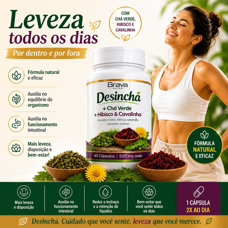 | Chá Verde, Hibisco e Cavalinha | Auxilia Contra Inchaço | 60 Cápsulas