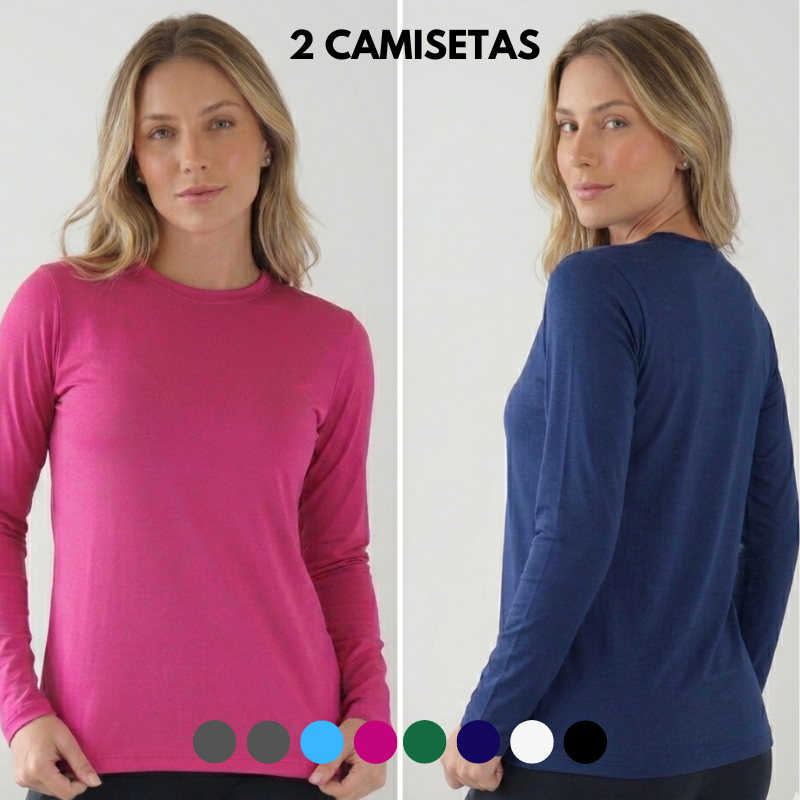 Kit 2 Camisetas Feminina Térmica Manga Longa Proteção Solar Uv 50+ Básica Academia Treino Fitnes