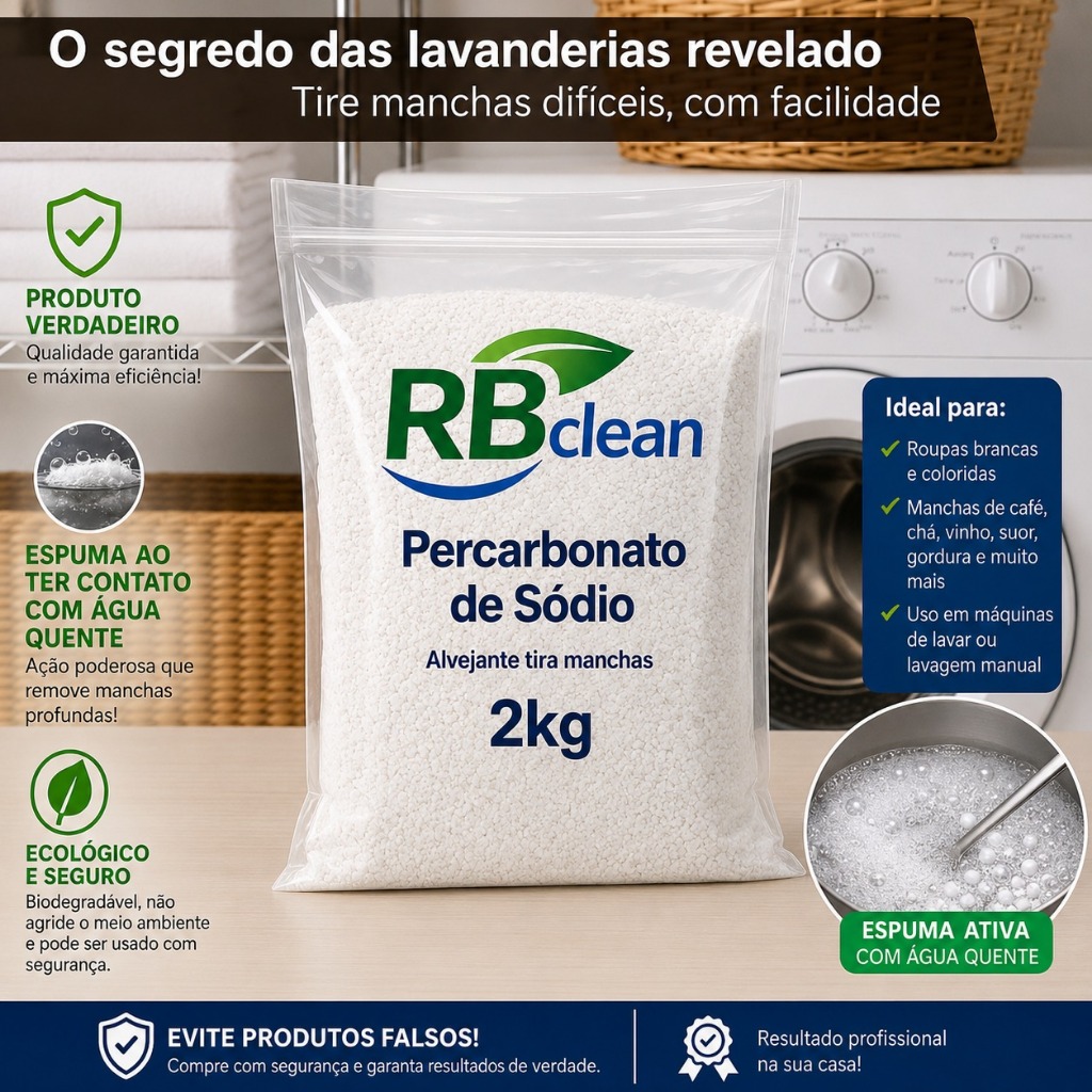 Percarbonato de Sódio 100% Puro Limpeza Em Geral Tira Manchas Roupas Brancas 2kg/1kg ou 500g