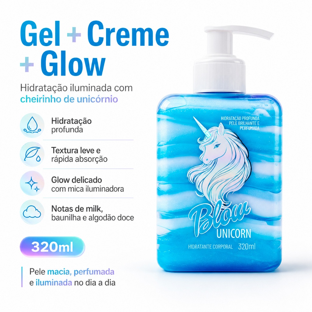 Hidratante Corporal Iluminador Blow Unicorn Gel e Creme com Glitter 320ml - Blow Girl
