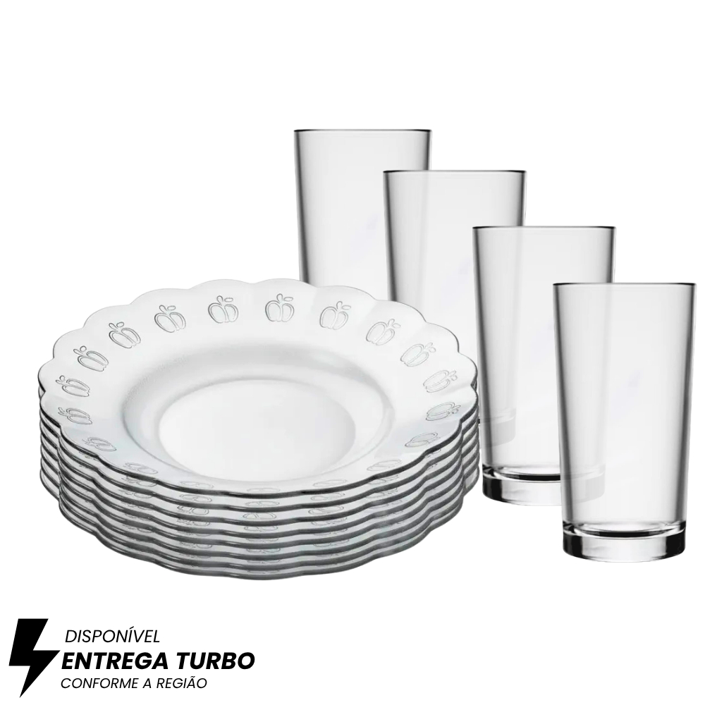 Jogo de Pratos Fundos e Copos com 8 Peças – Aparelho de Jantar em Vidro Ideal para Mesa Posta