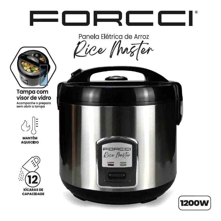 Panela De Arroz e legumes Elétrica 12 Xícaras 5L FORCCI Inox Multifuncional Cozinha 1200W