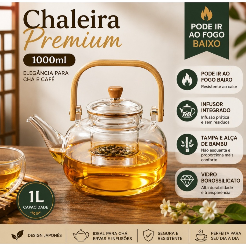 Chaleira de Vidro 1000ml Pode ir ao Fogo | Borossilicato com Infusor e Tampa de Bambu